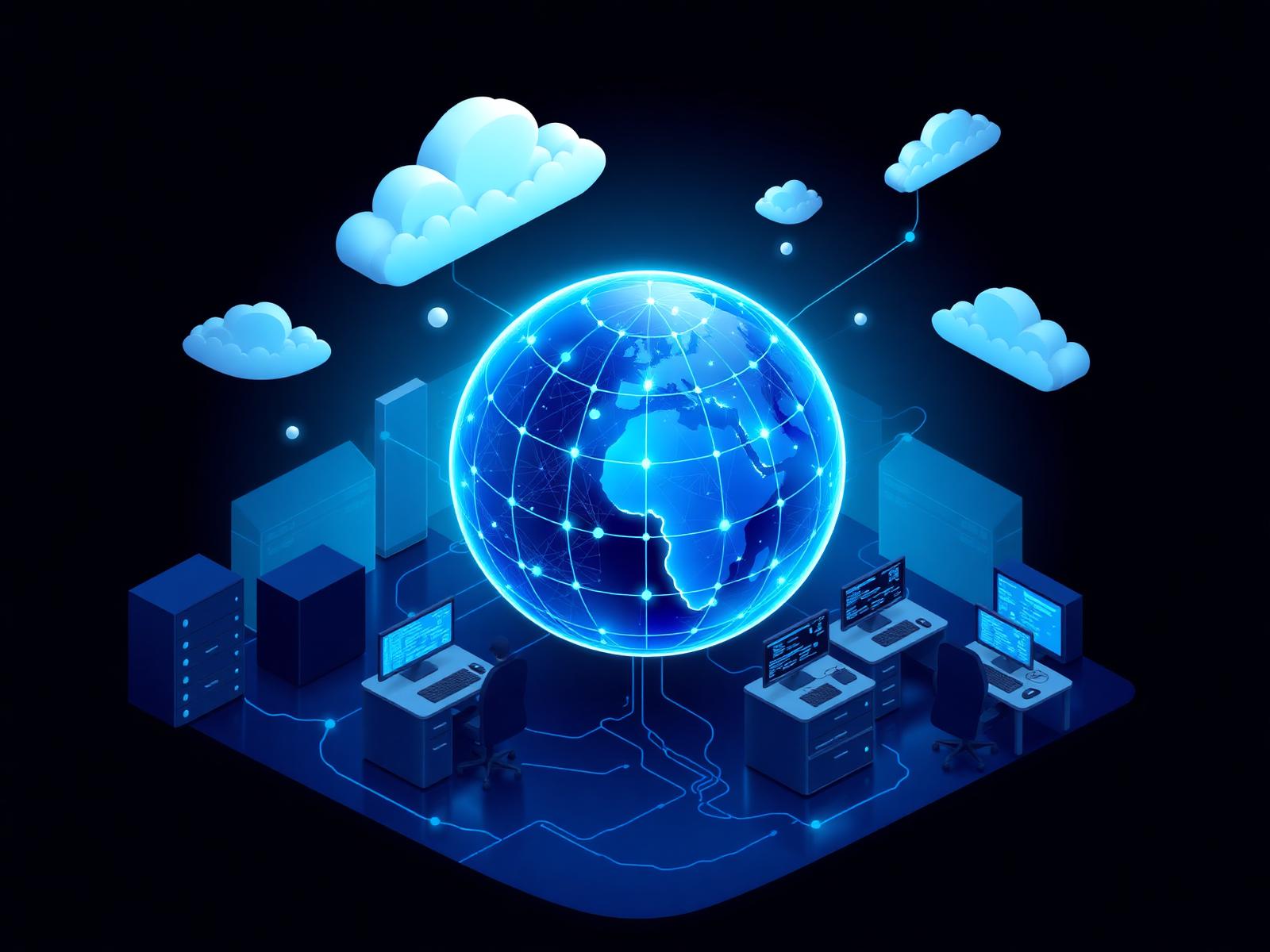 Illustration of connected globe, cloud infrastructure and developers deploying code